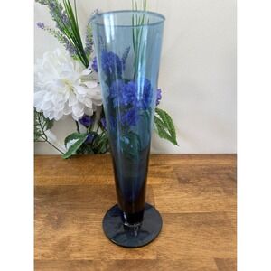 Vintage Blue Glass Trumpet Vase‎ Footed Tall Flared Rim Minimalist Centerpiece